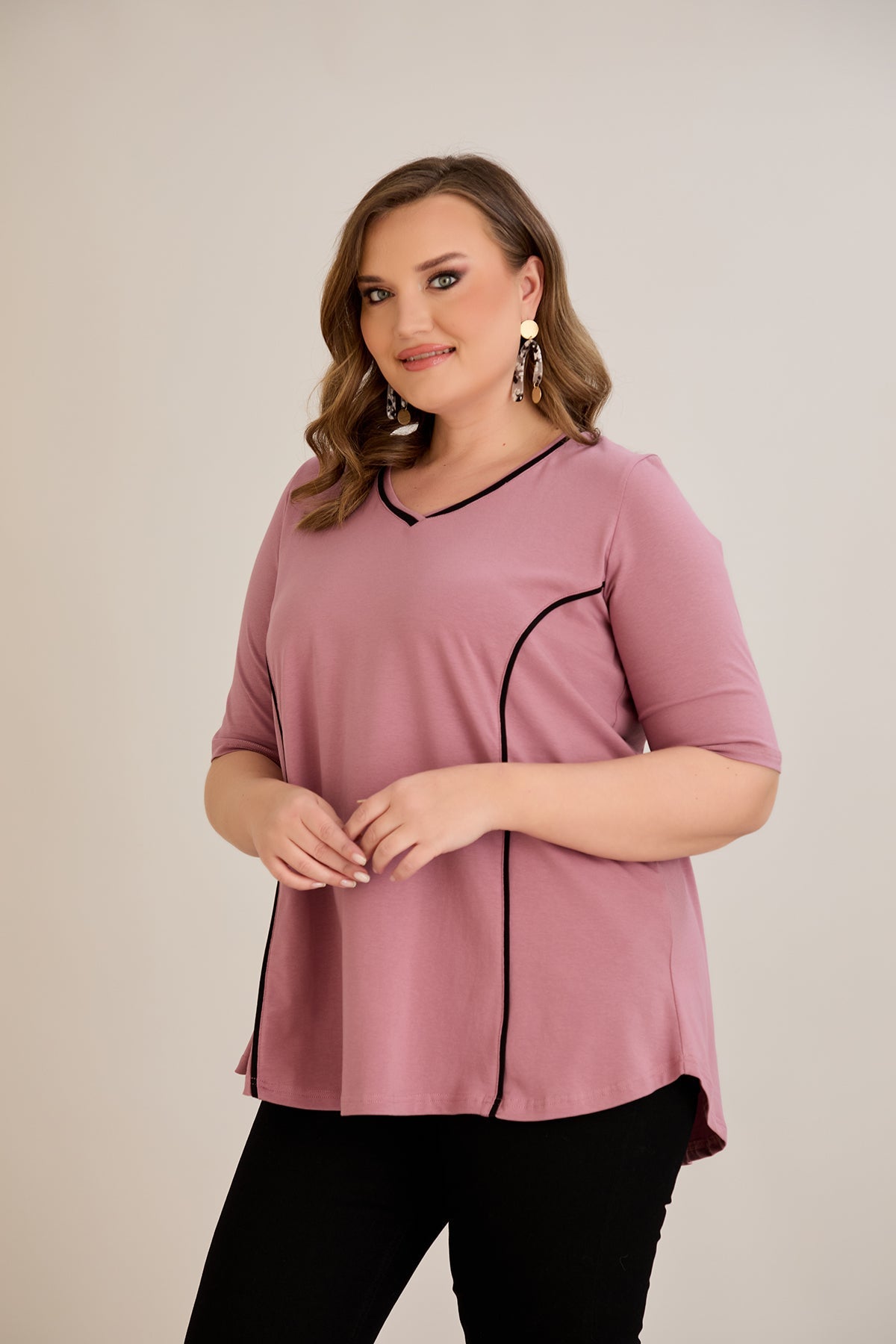 Bluza marime mare din bumbac linia A si maneci contrastante - roz