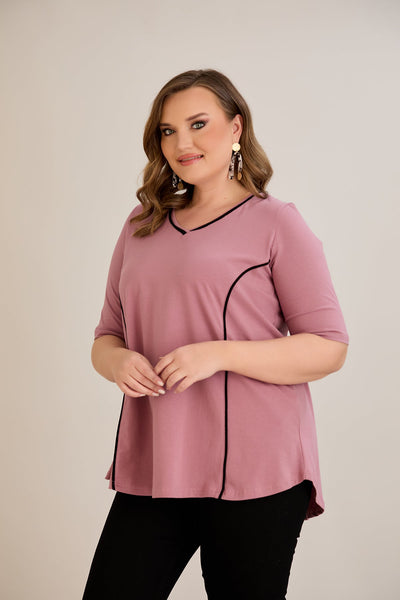 Bluza marime mare din bumbac linia A si maneci contrastante - roz