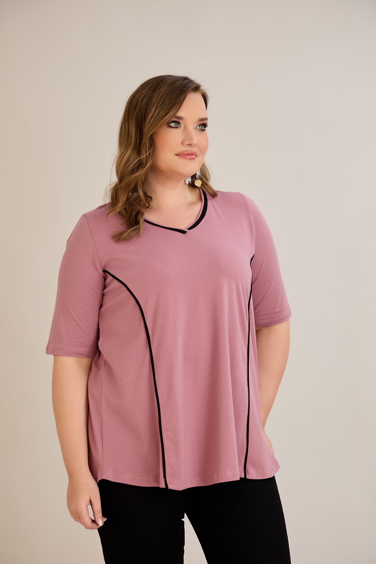 Bluza marime mare din bumbac linia A si maneci contrastante - roz