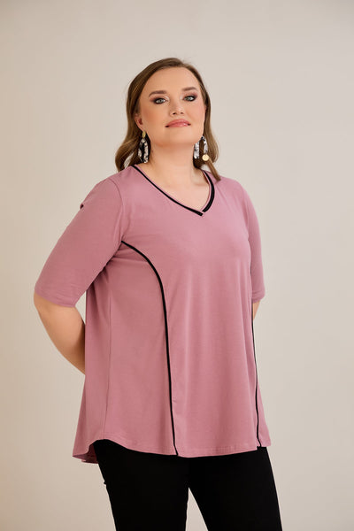 Bluza marime mare din bumbac linia A si maneci contrastante - roz