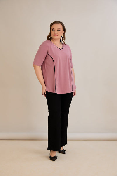 Bluza marime mare din bumbac linia A si maneci contrastante - roz