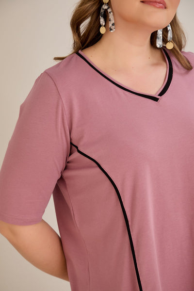 Bluza marime mare din bumbac linia A si maneci contrastante - roz
