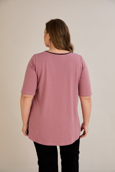 Bluza marime mare din bumbac linia A si maneci contrastante - roz