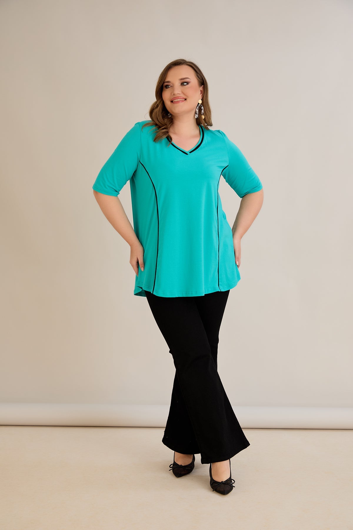Bluza marime mare din bumbac linia A si maneci contrastante - aqua