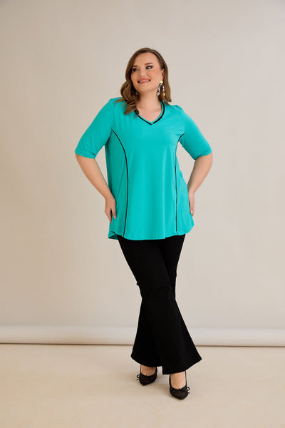 Bluza marime mare din bumbac linia A si maneci contrastante - aqua