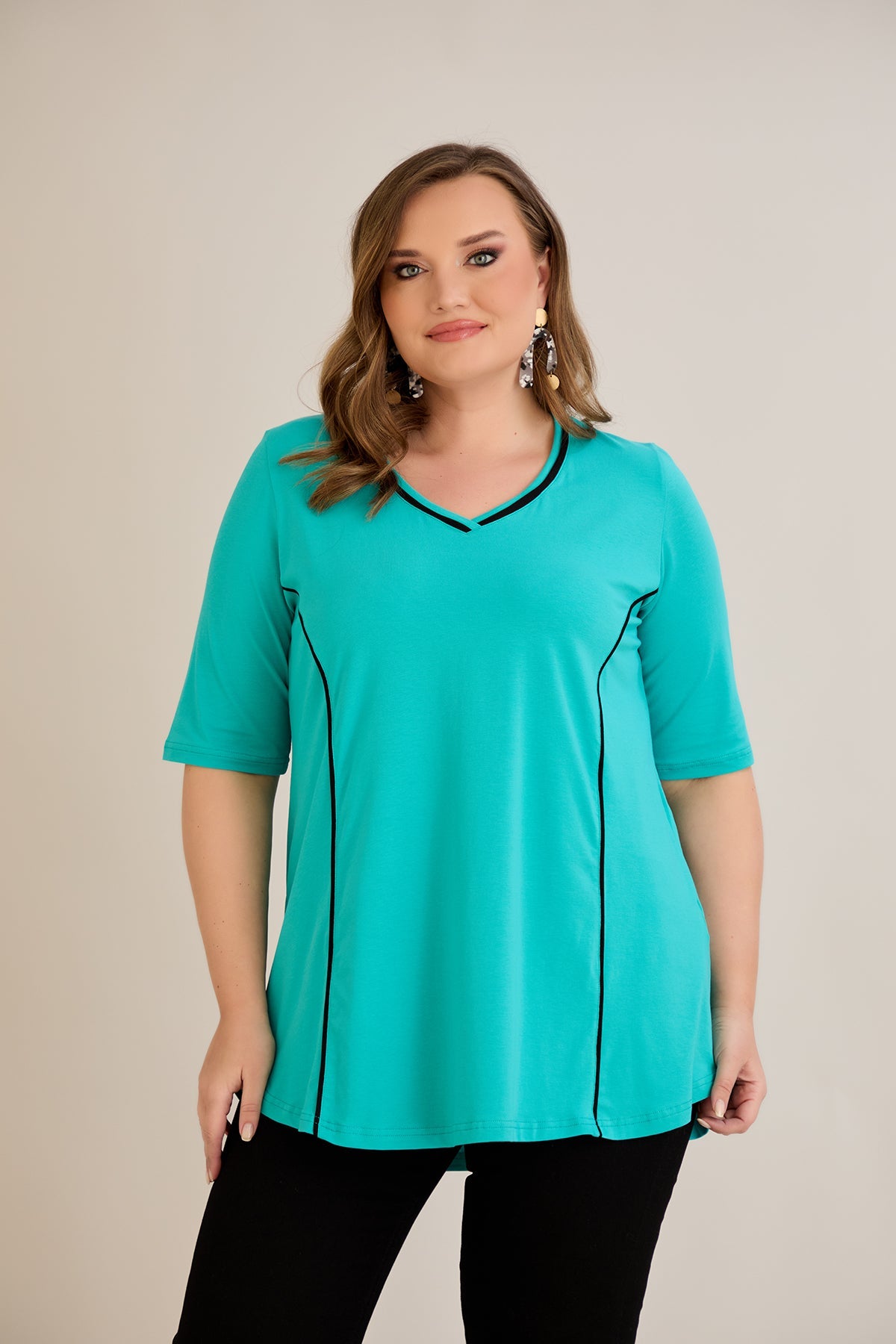 Bluza marime mare din bumbac linia A si maneci contrastante - aqua