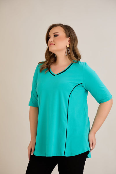 Bluza marime mare din bumbac linia A si maneci contrastante - aqua