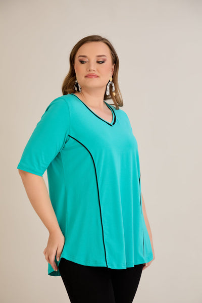 Bluza marime mare din bumbac linia A si maneci contrastante - aqua