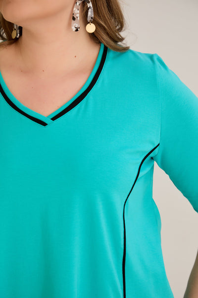 Bluza marime mare din bumbac linia A si maneci contrastante - aqua