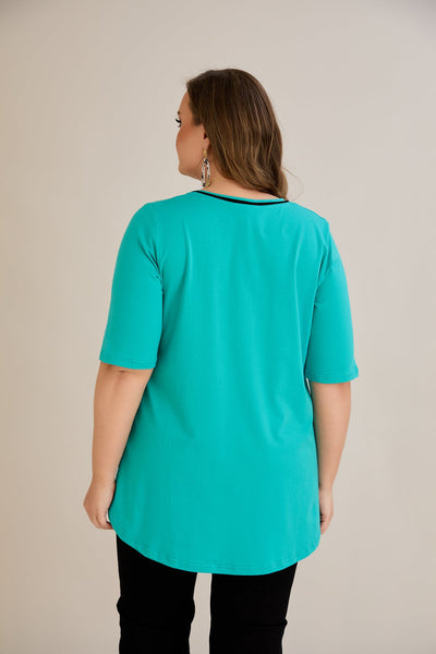 Bluza marime mare din bumbac linia A si maneci contrastante - aqua
