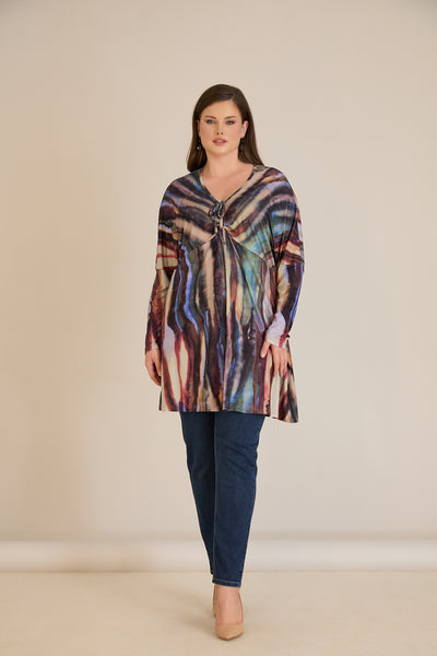 Tunica marime mare cu snur si decolteu in V – print abstract