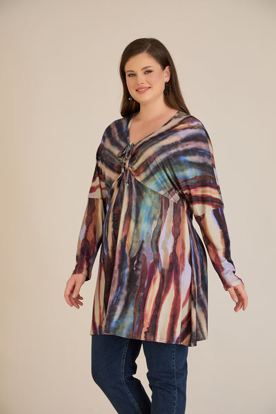 Tunica marime mare cu snur si decolteu in V – print abstract