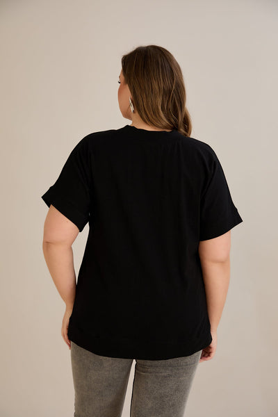 Tricou marime mare din bumbac cu decolteu in V - negru