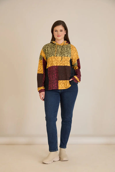 Bluza marime mare cu gluga si snururi - mustar