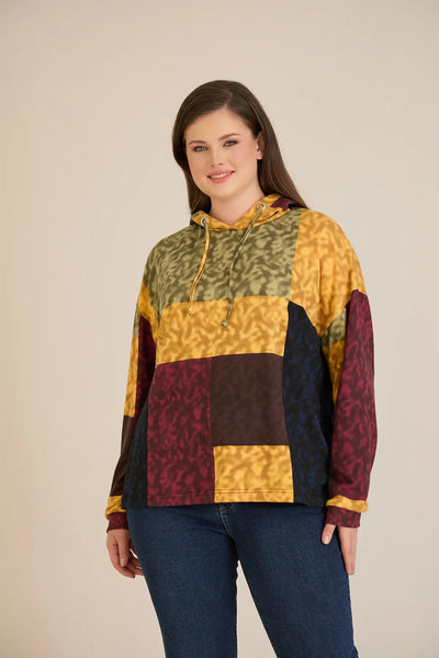 Bluza marime mare cu gluga si snururi - mustar
