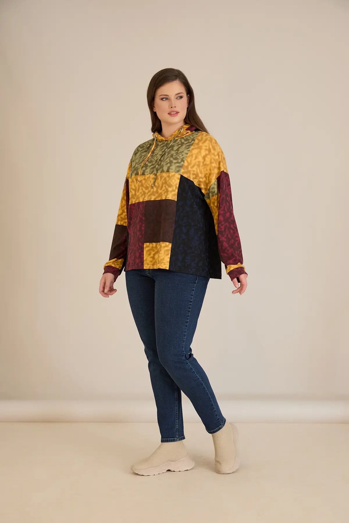 Bluza marime mare cu gluga si snururi - mustar