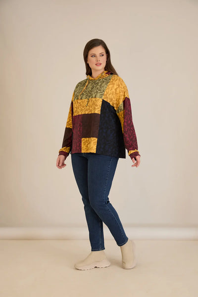 Bluza marime mare cu gluga si snururi - mustar