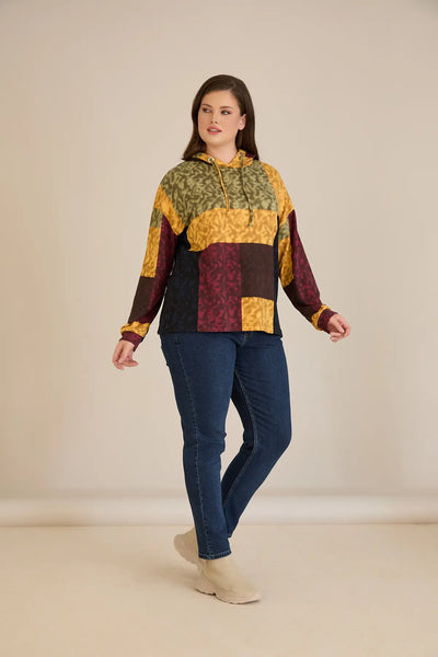 Bluza marime mare cu gluga si snururi - mustar