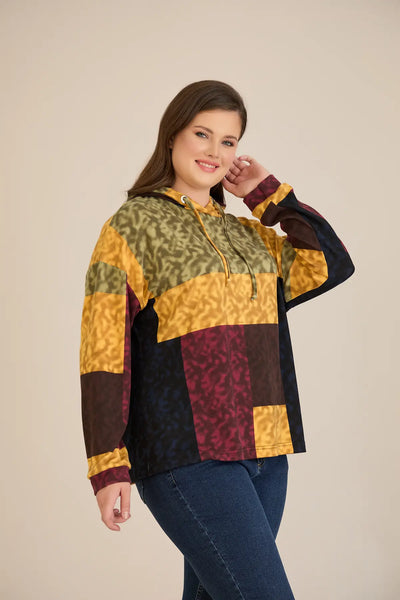 Bluza marime mare cu gluga si snururi - mustar