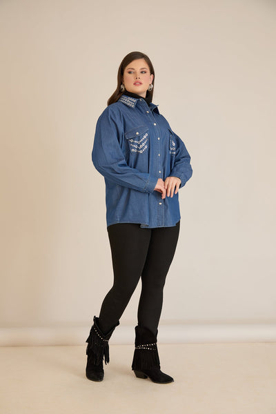 Camasa  din denim marime mare cu accente metalice