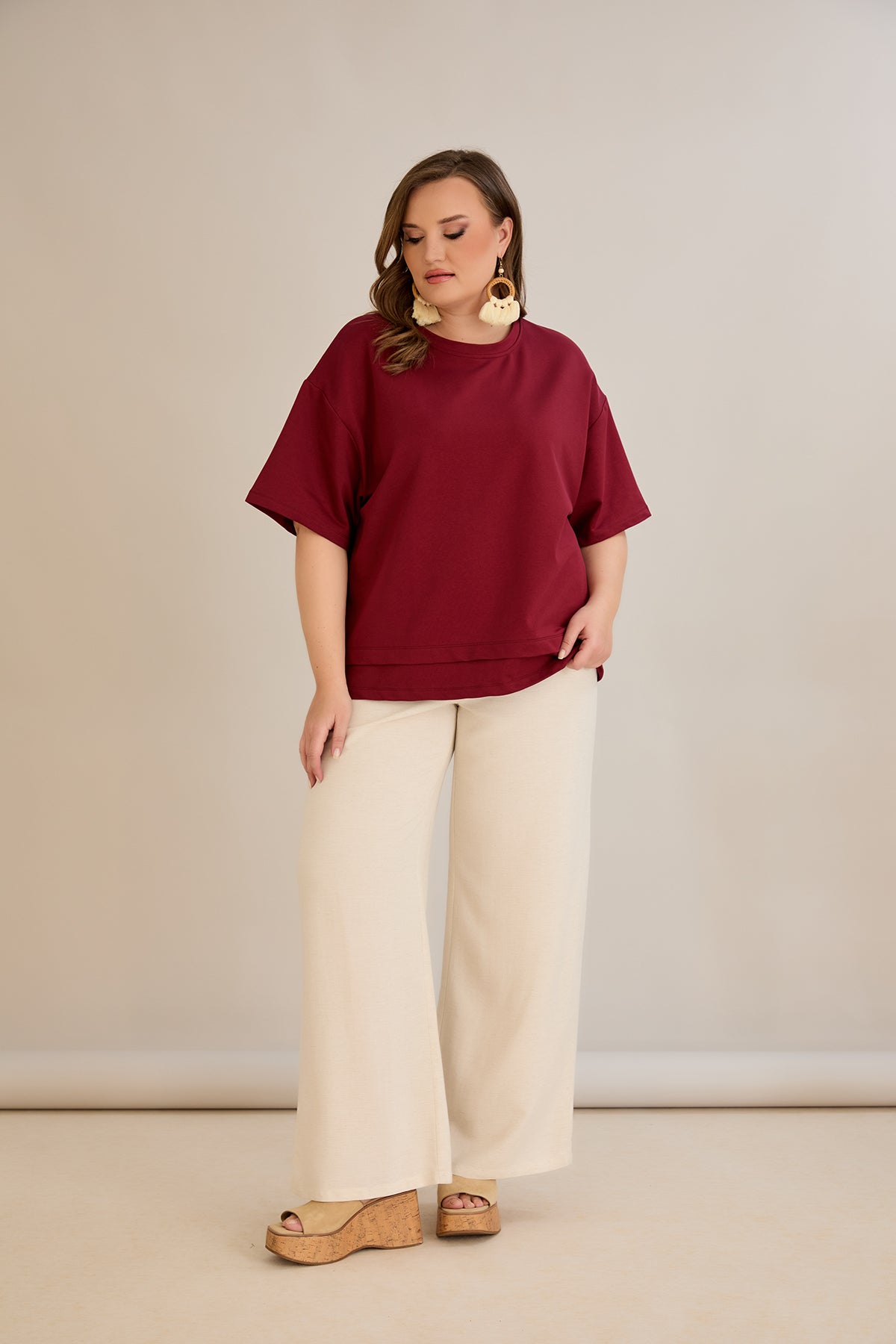 Tricou marime mare 100% bumbac cu accent Vibes - burgundi 10877