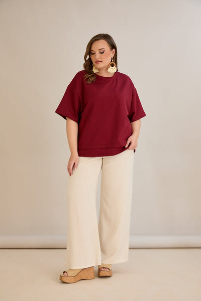 Tricou marime mare 100% bumbac cu accent Vibes - burgundi 10877