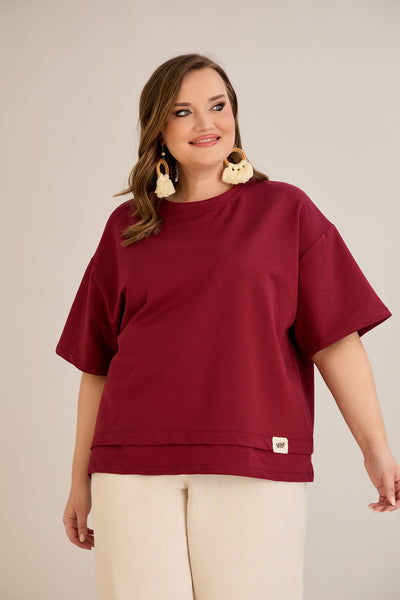 Tricou marime mare 100% bumbac cu accent Vibes - burgundi 10877