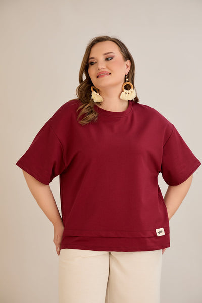 Tricou marime mare 100% bumbac cu accent Vibes - burgundi 10877