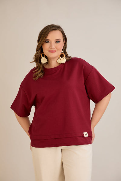 Tricou marime mare 100% bumbac cu accent Vibes - burgundi 10877