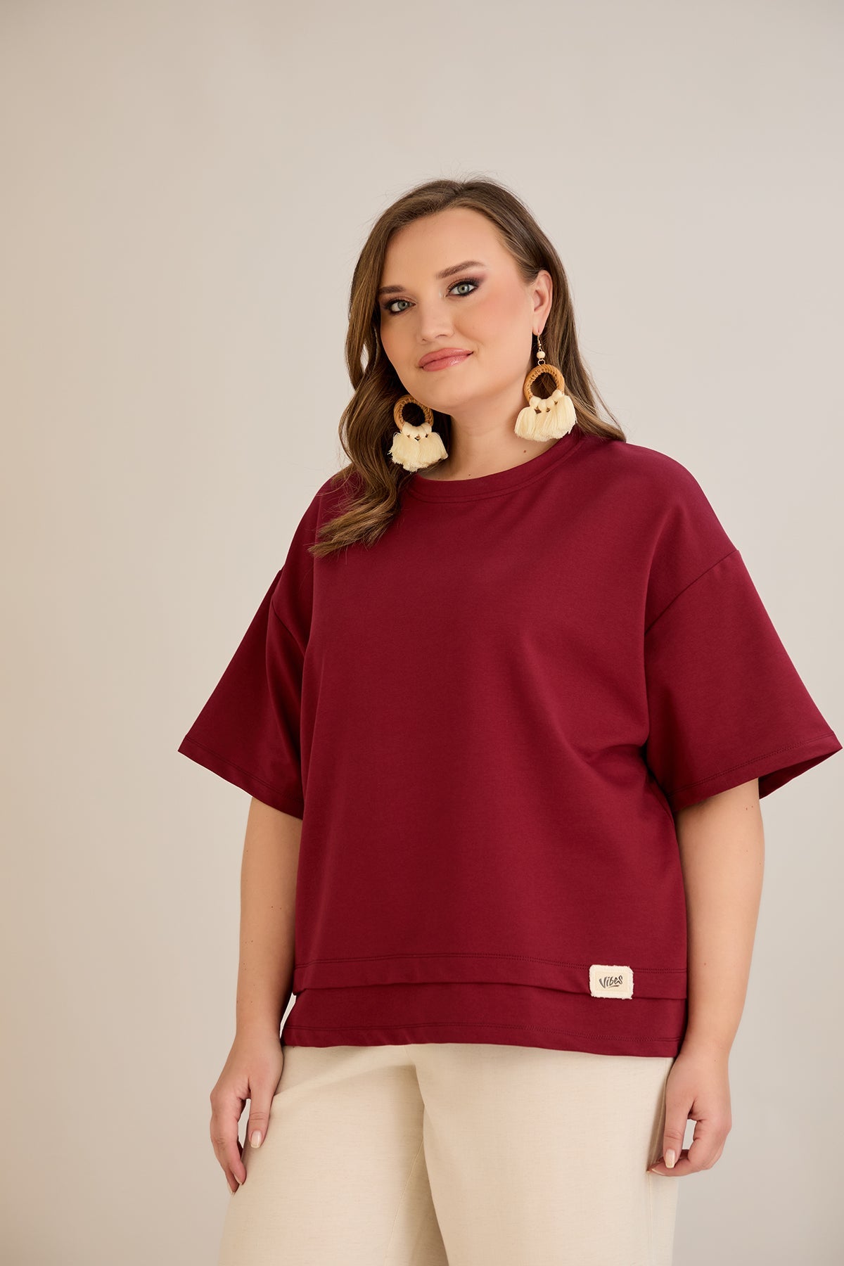 Tricou marime mare 100% bumbac cu accent Vibes - burgundi 10877