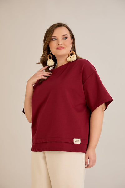 Tricou marime mare 100% bumbac cu accent Vibes - burgundi 10877
