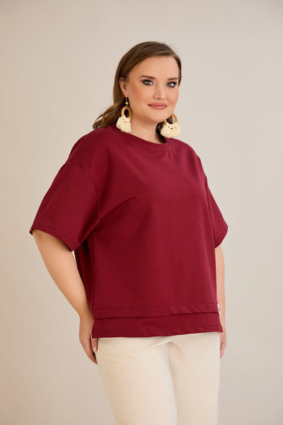 Tricou marime mare 100% bumbac cu accent Vibes - burgundi 10877