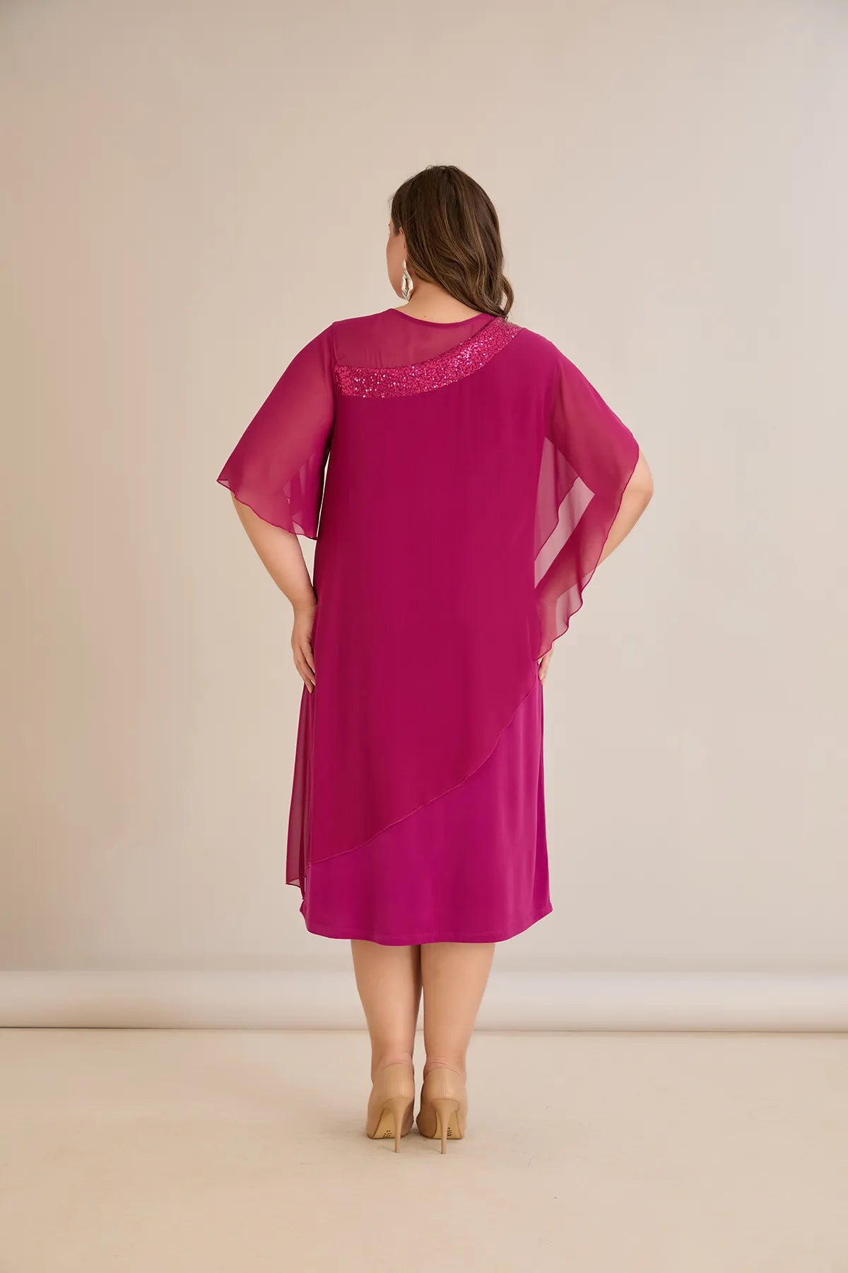 Rochie festivă mărime mare din șifon cu paiete – fuchsia