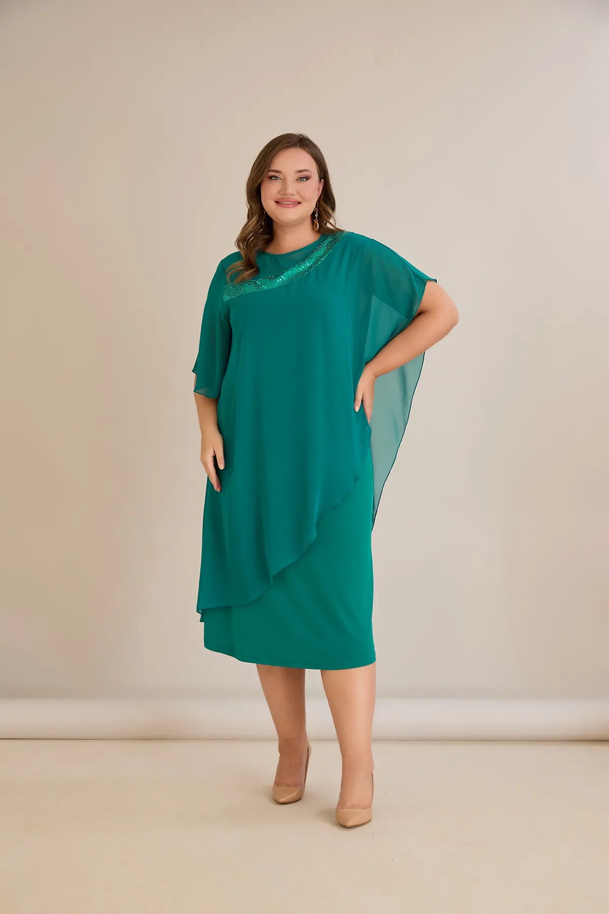 Rochie festivă mărime mare din șifon cu paiete – aqua