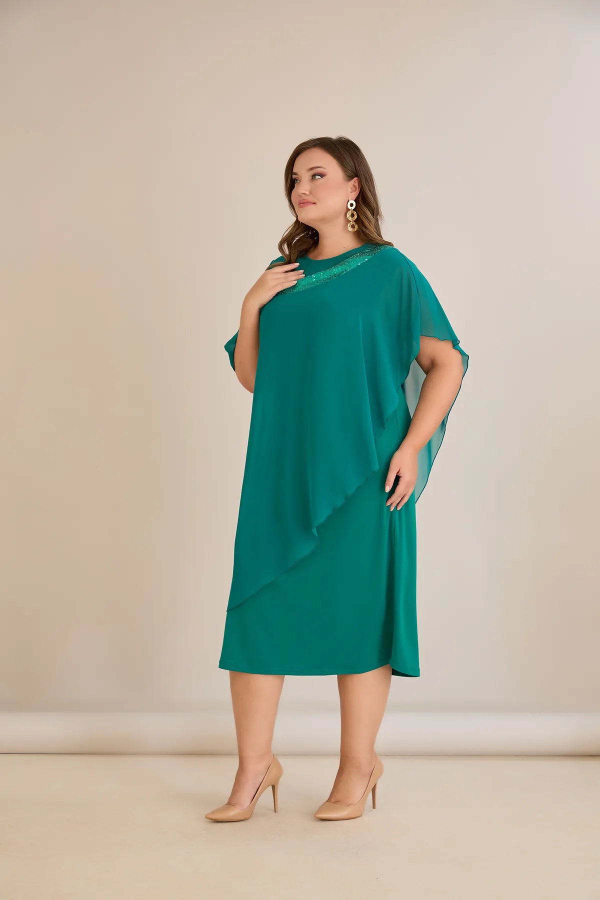 Rochie festivă mărime mare din șifon cu paiete – aqua