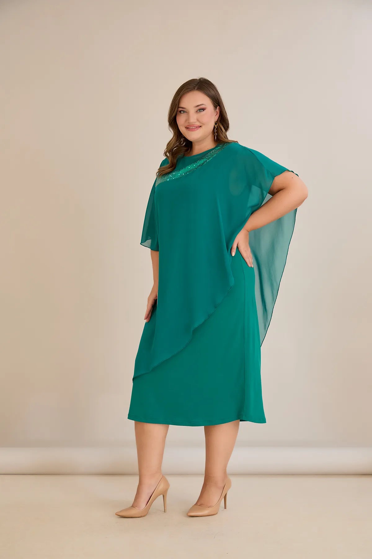 Rochie festivă mărime mare din șifon cu paiete – aqua