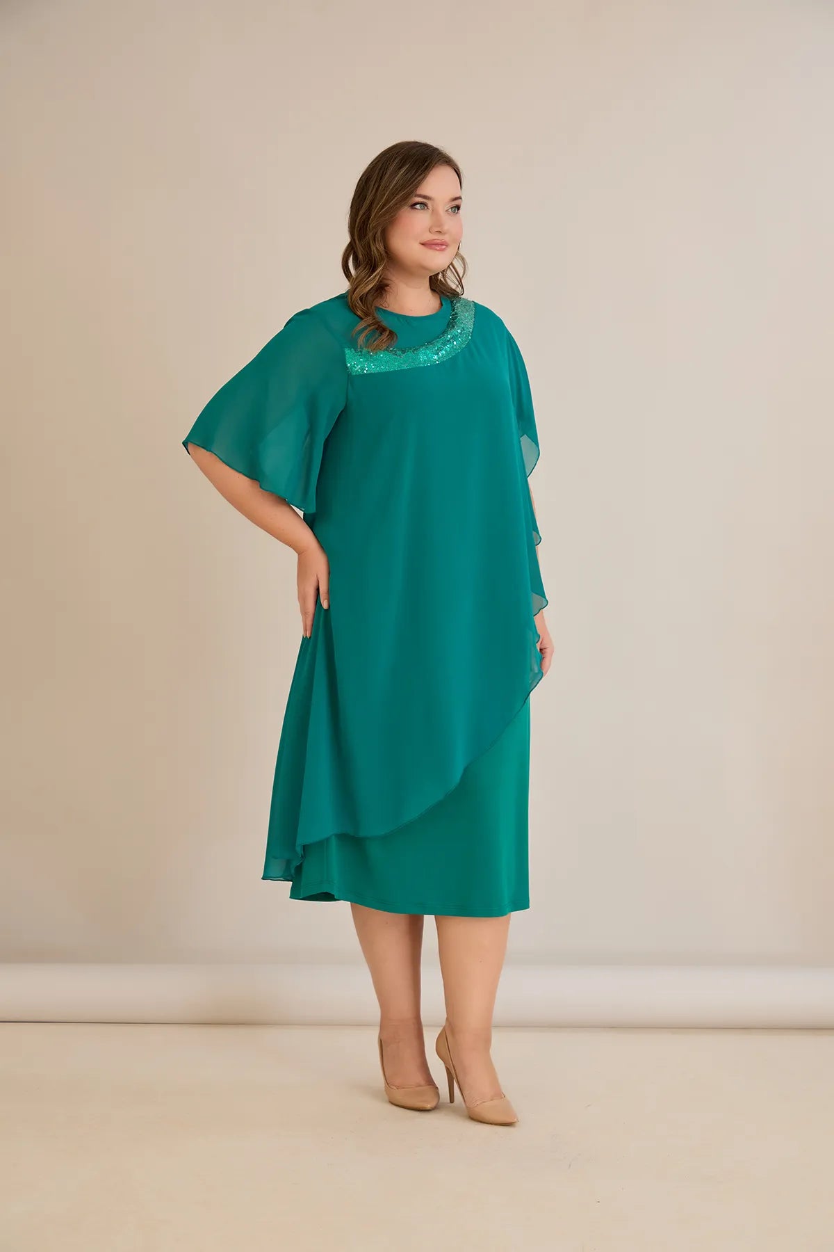 Rochie festivă mărime mare din șifon cu paiete – aqua