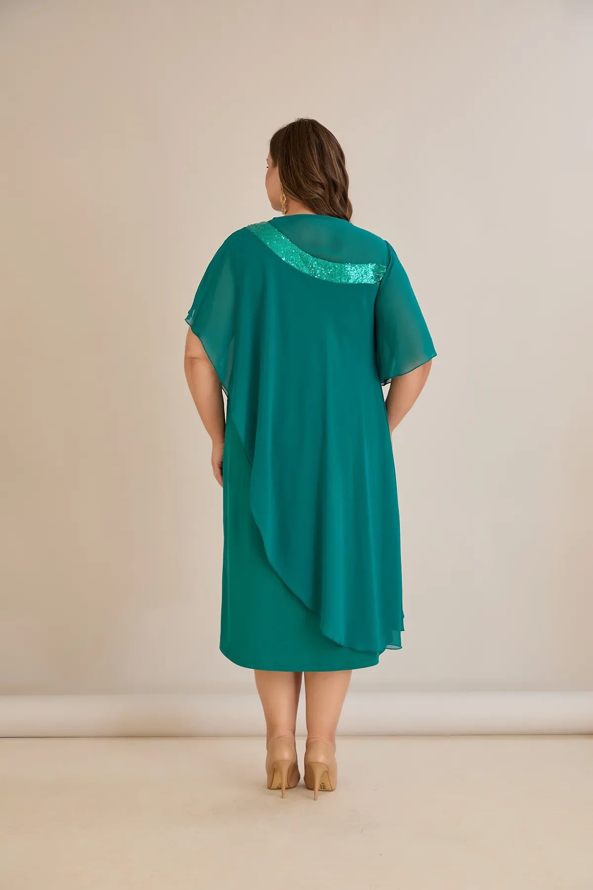 Rochie festivă mărime mare din șifon cu paiete – aqua