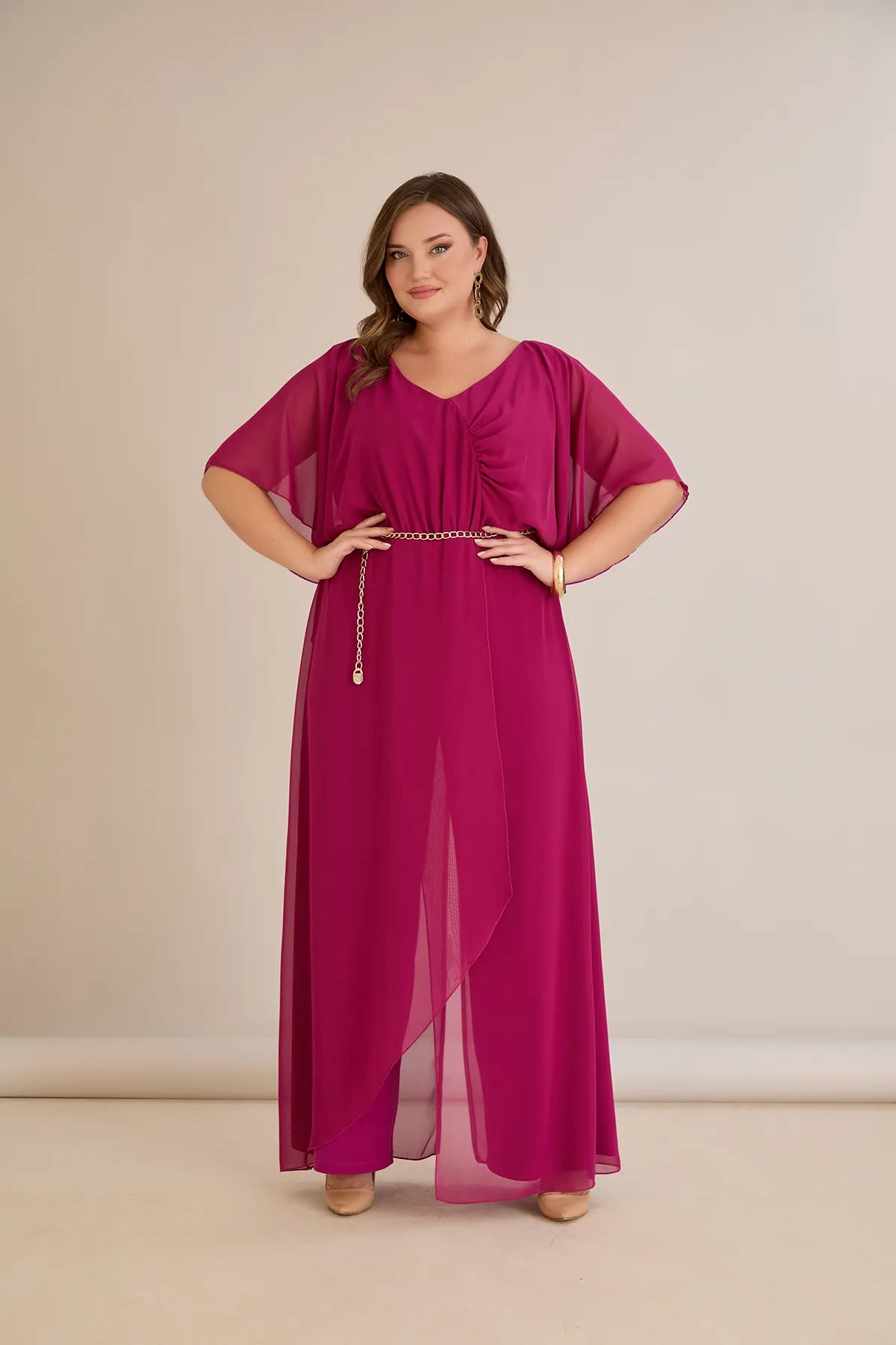 Salopeta marime mare eleganta din sifon cu lant - fuchsia