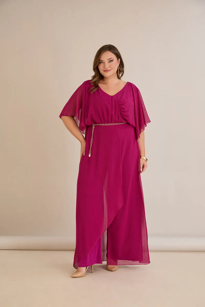 Salopeta marime mare eleganta din sifon cu lant - fuchsia