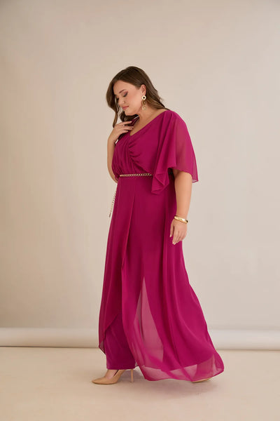 Salopeta marime mare eleganta din sifon cu lant - fuchsia