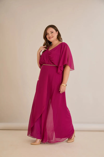 Salopeta marime mare eleganta din sifon cu lant - fuchsia