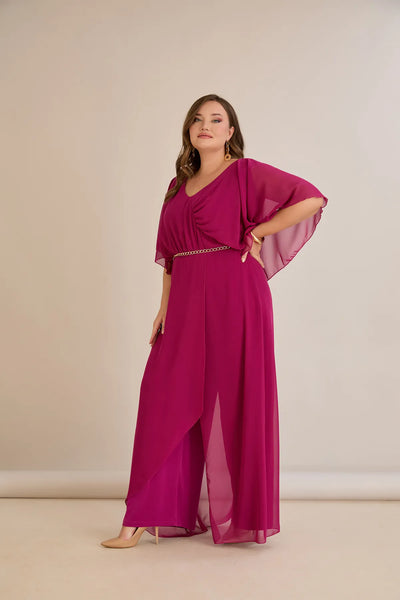 Salopeta marime mare eleganta din sifon cu lant - fuchsia
