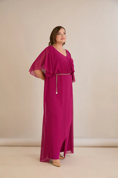 Salopeta marime mare eleganta din sifon cu lant - fuchsia