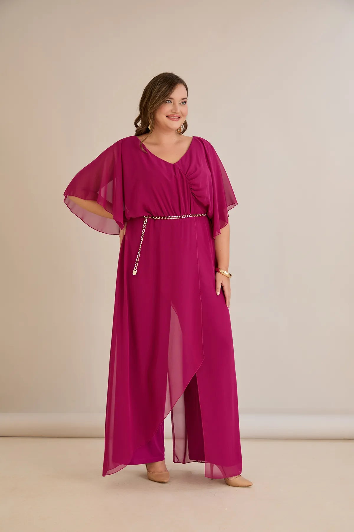 Salopeta marime mare eleganta din sifon cu lant - fuchsia