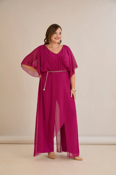 Salopeta marime mare eleganta din sifon cu lant - fuchsia
