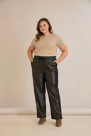 Pantalon mărime mare din piele croială dreaptă – negru