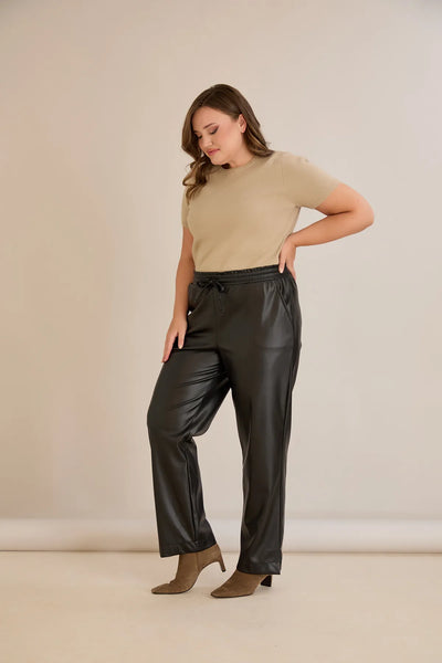 Pantalon mărime mare din piele croială dreaptă – negru