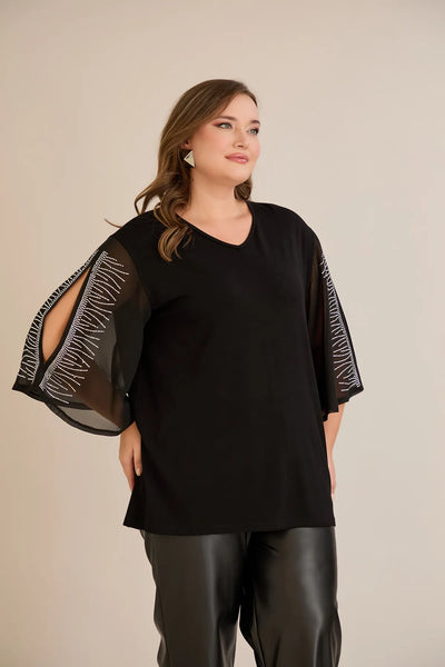 Tunicӑ mărime mare elegantă cu mâneci din șifon și aplicații cu pietricele