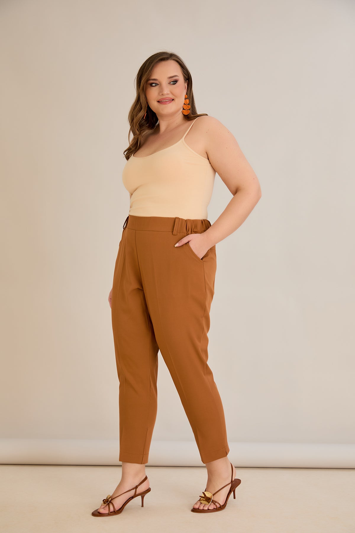 Pantaloni marimi mari elastici de vara - caramel